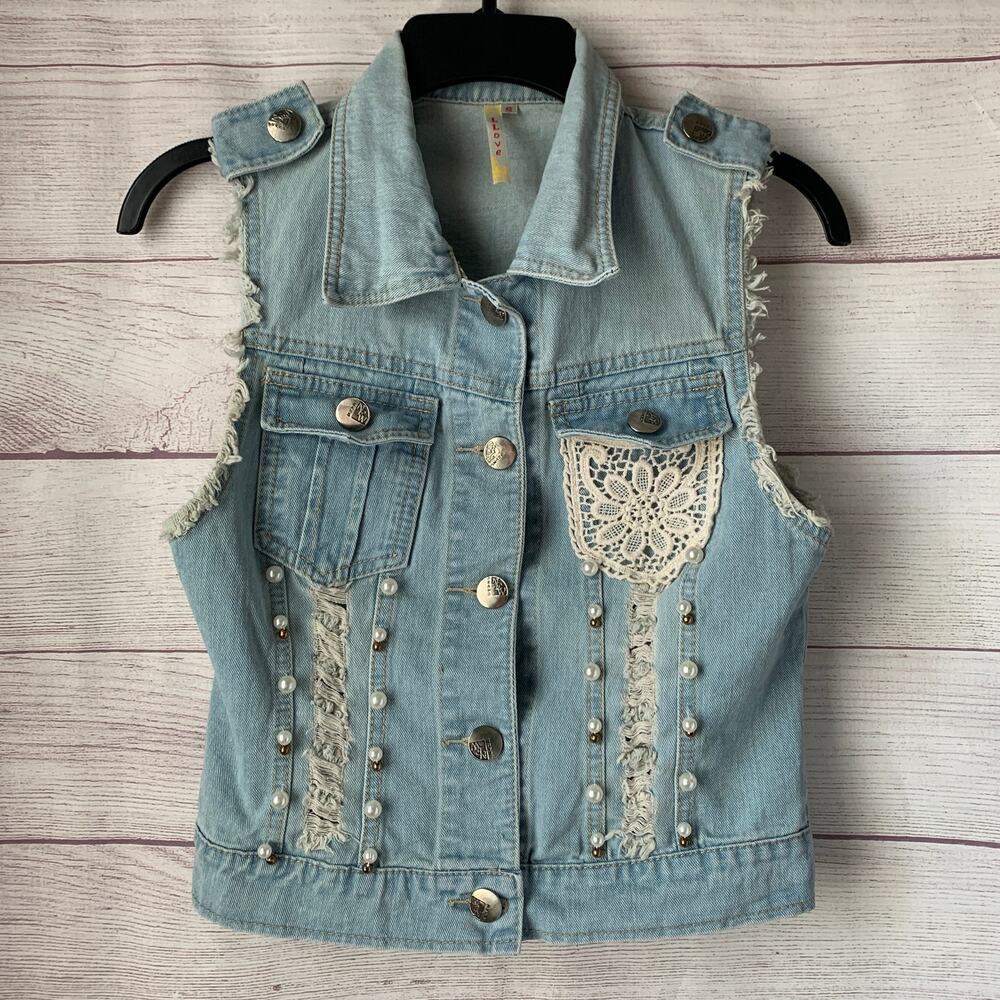 LLOVE Denim Blue Jean Vest Distressed Fringe Embellished Beads Crochet Size S